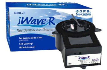 A black iWave R device to help with air quality in front of a blue box with the name of the device
